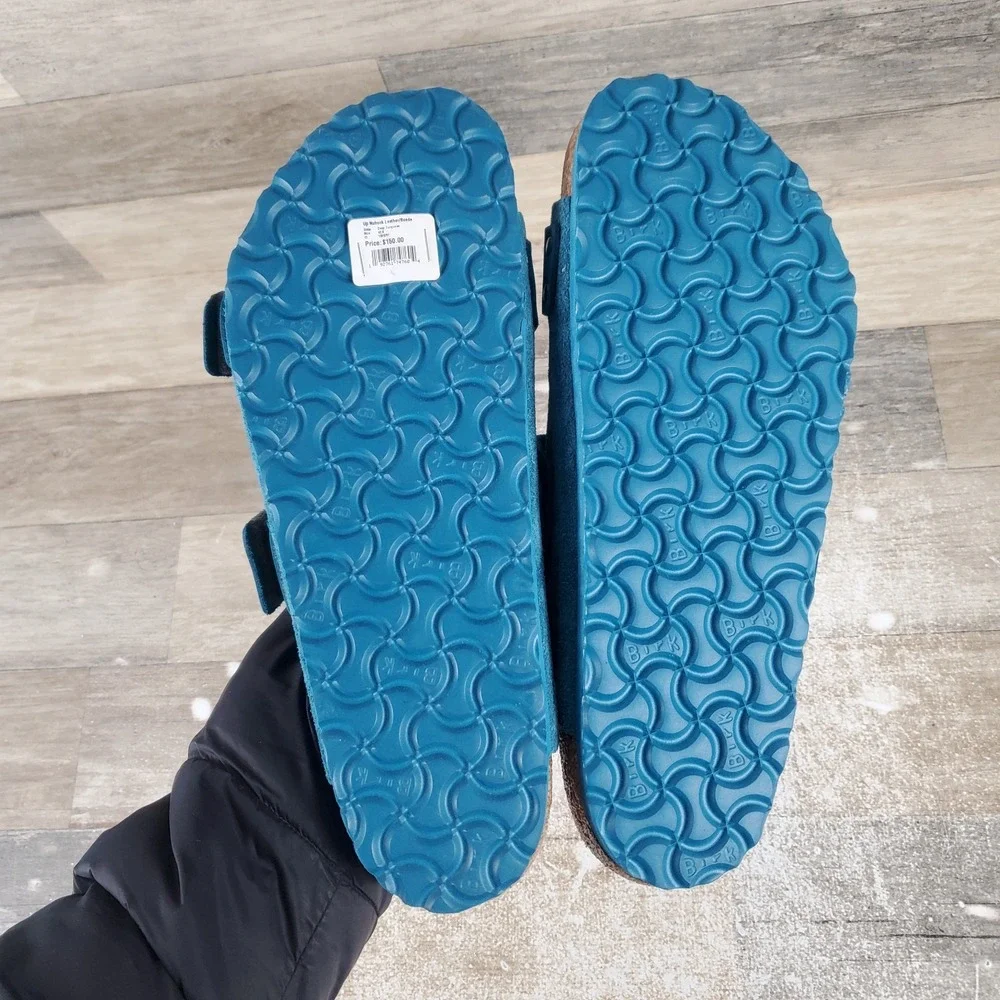 Birkenstock Uji Mens Slide Sandals Sz 10 Deep Turquoise Suede Hook & Loop Strap